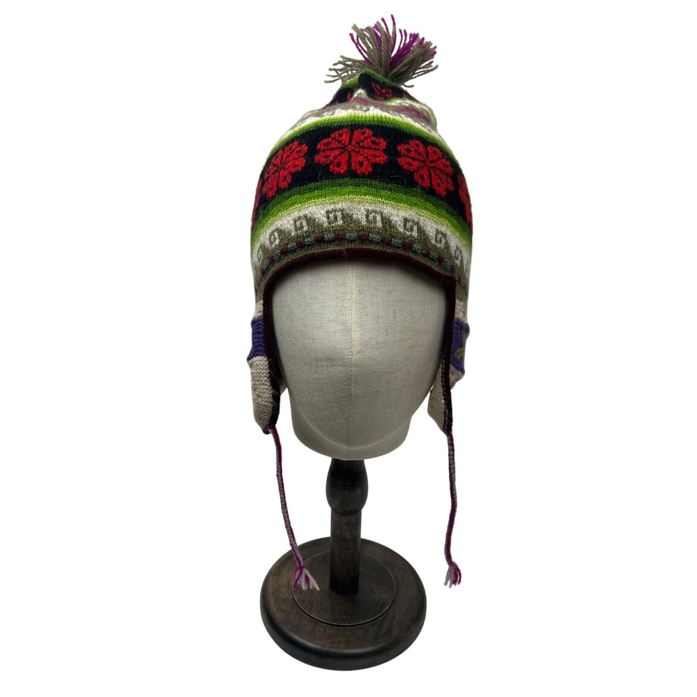 Vintage Style Peruvian‎ Knit Chullo Earflap Hat Pom Pom Multi Color Geometric